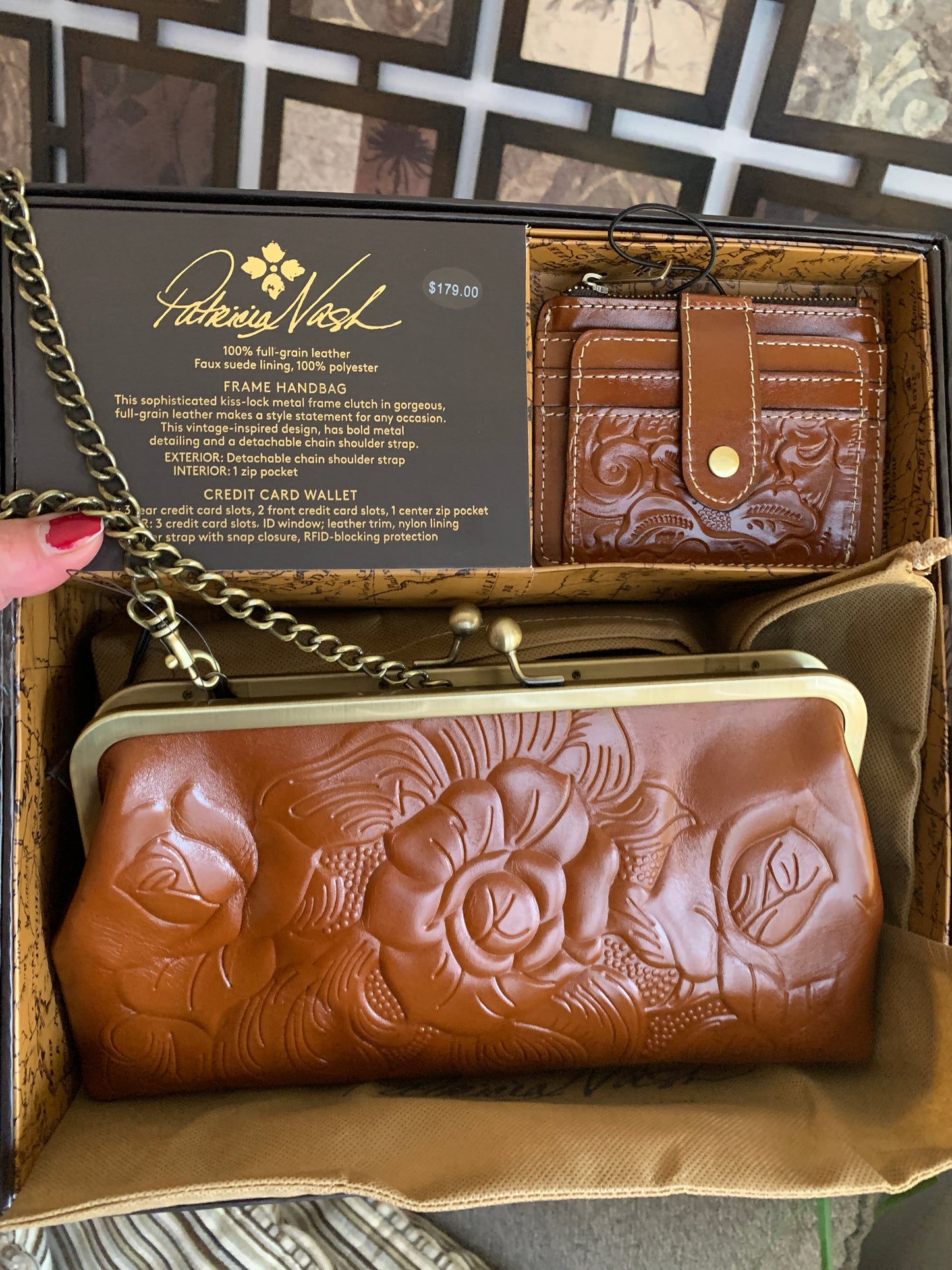 Authentic PATRICIA NASH FULL GRAIN LEATHER DEEP EMBOSSED GRAPE LEAF LOGO FRAME CROSBY/CLUTCH AND A SMALL WALLET SET Ruby Luxury