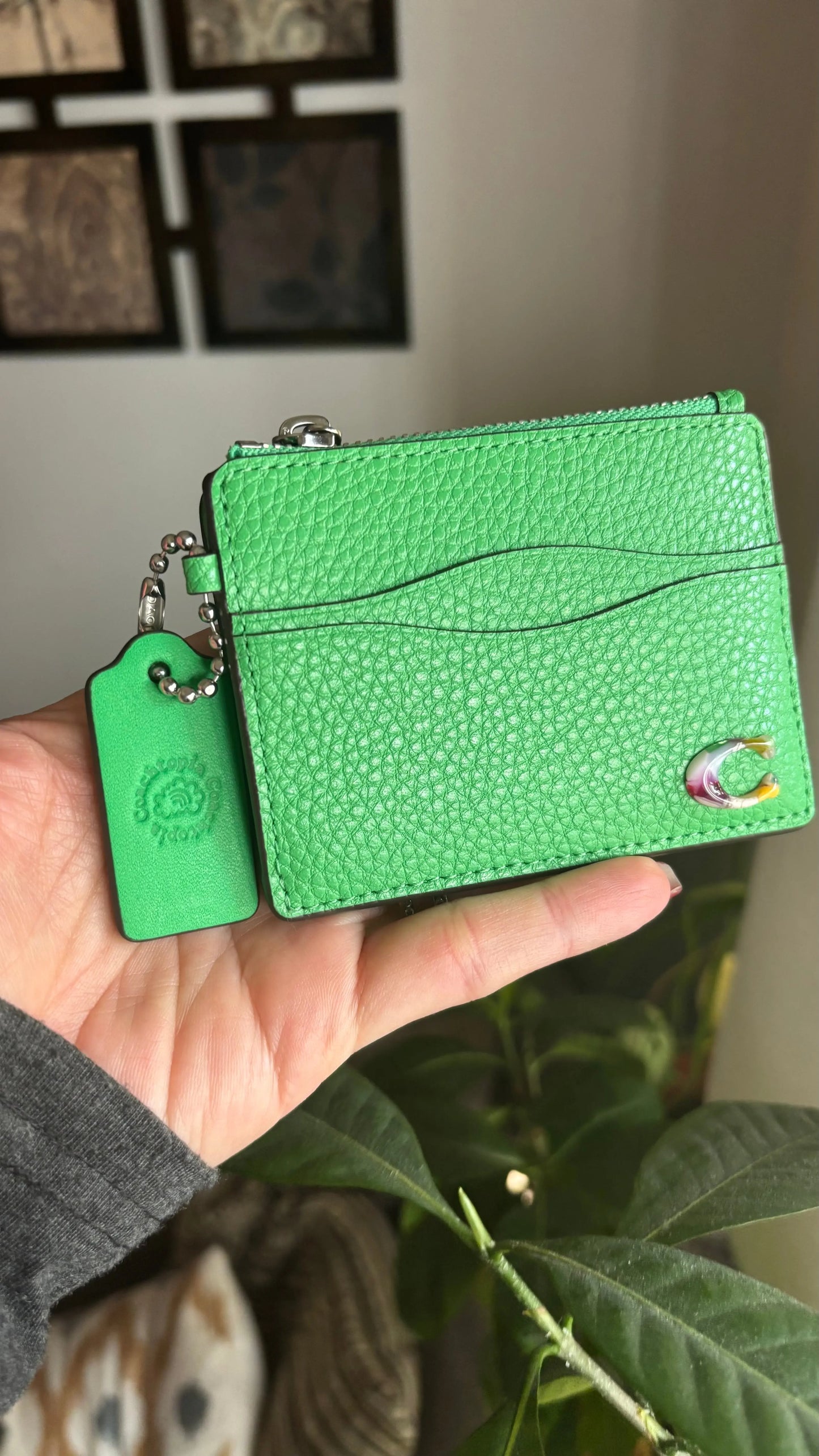 Authentic COACHTOPIA Green Leather zip top Card Holder with keychain Ruby Luxury