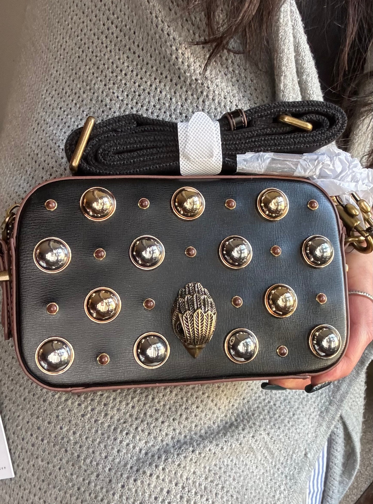 Authentic KURT GEIGER LONDON leather studs Eagle head zip top crossbody Ruby Luxury