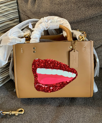 Authentic COACH 1941 glovetanned leather sequins lips 3 compartments satchel/shoulder/Crosby - Ruby Luxury