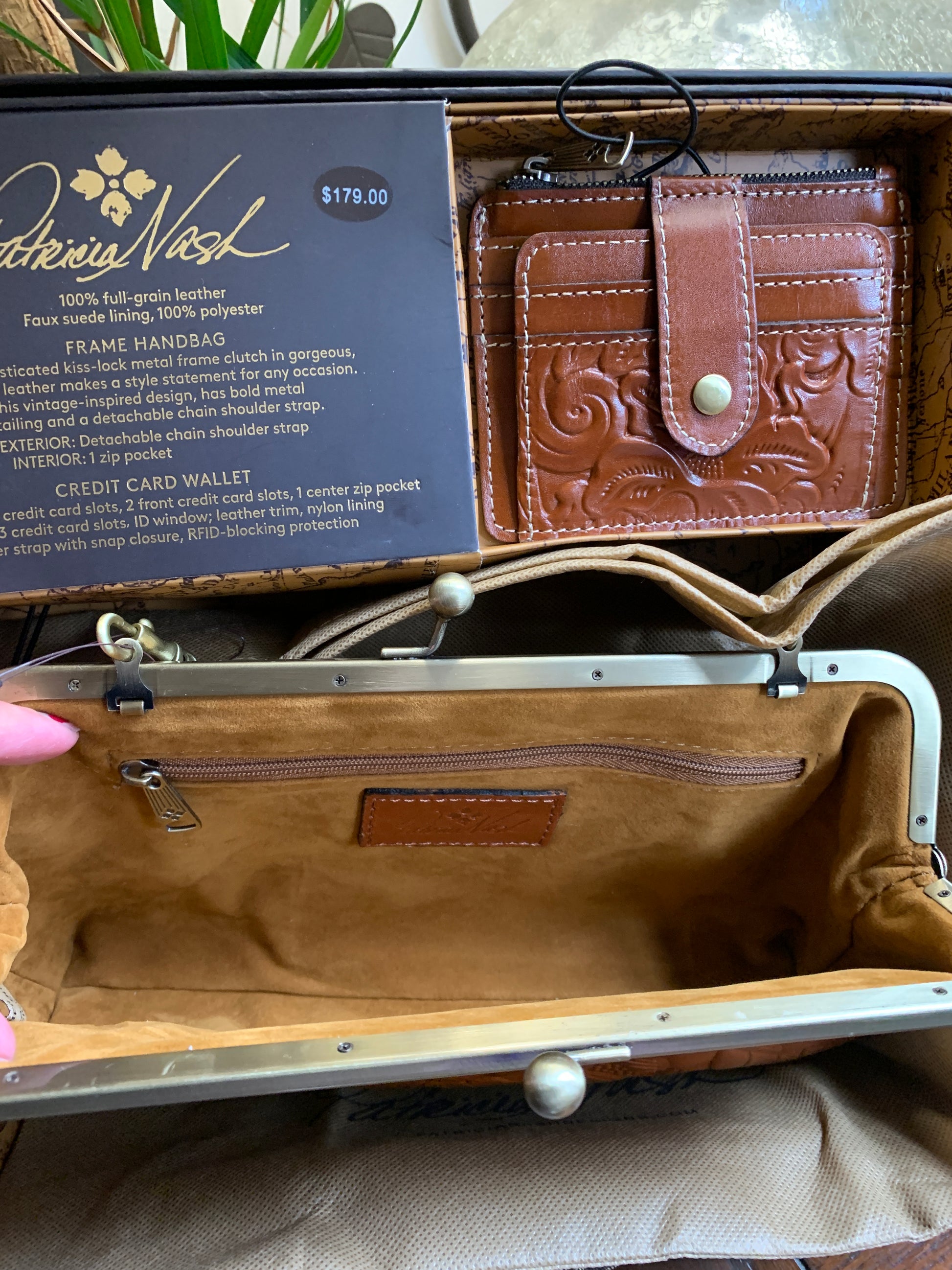 Authentic PATRICIA NASH FULL GRAIN LEATHER DEEP EMBOSSED GRAPE LEAF LOGO FRAME CROSBY/CLUTCH AND A SMALL WALLET SET Ruby Luxury
