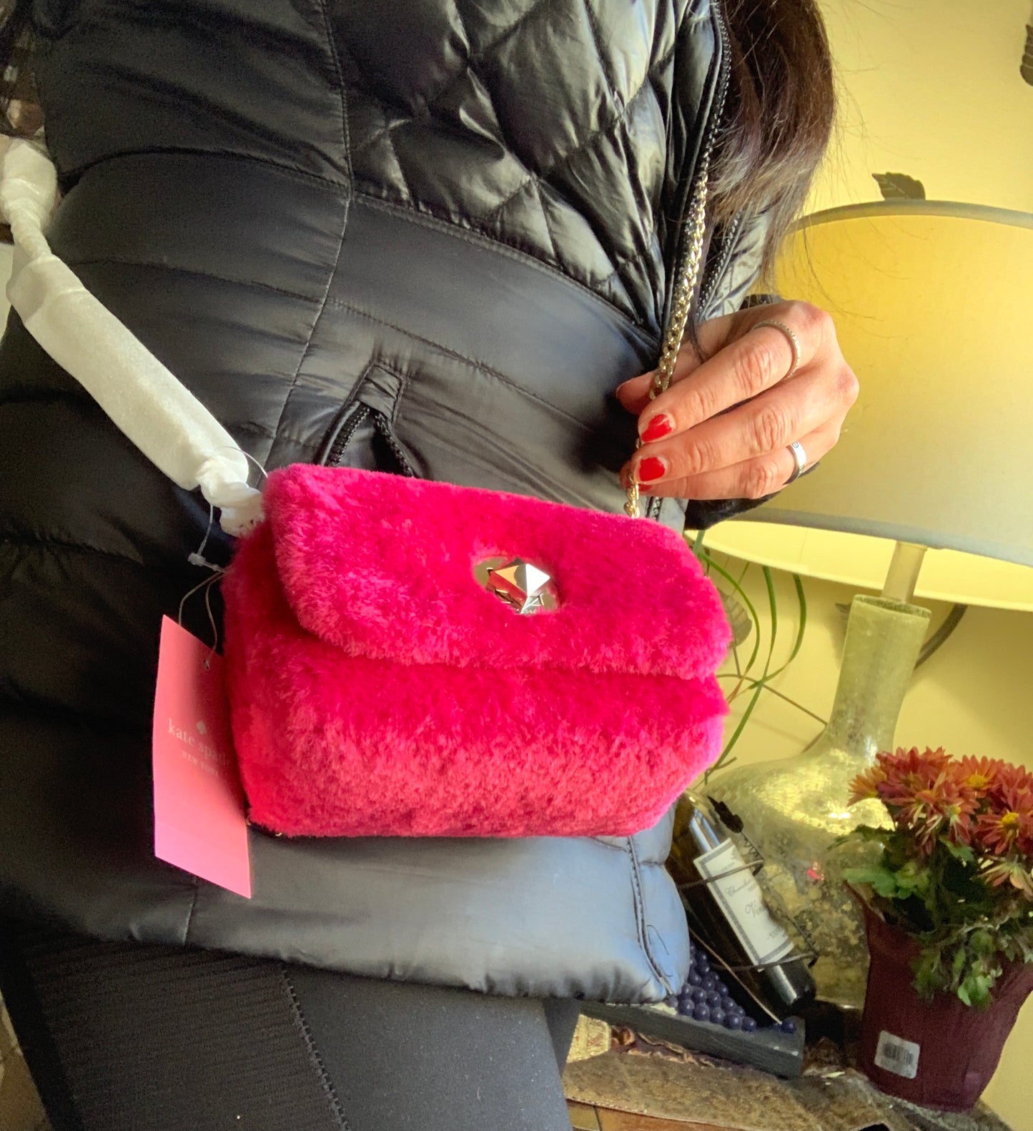 Authentic KATE SPADE FAUX FUR TURNLOCK Small CLUTCH/Crossbody Ruby Luxury