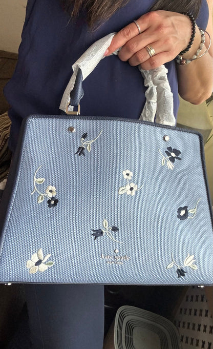 Authentic KATE SPADE floral Thick Canvas/pebbled leather 3 compartments zip snap closure Satchel/Crossbody. Ruby Luxury