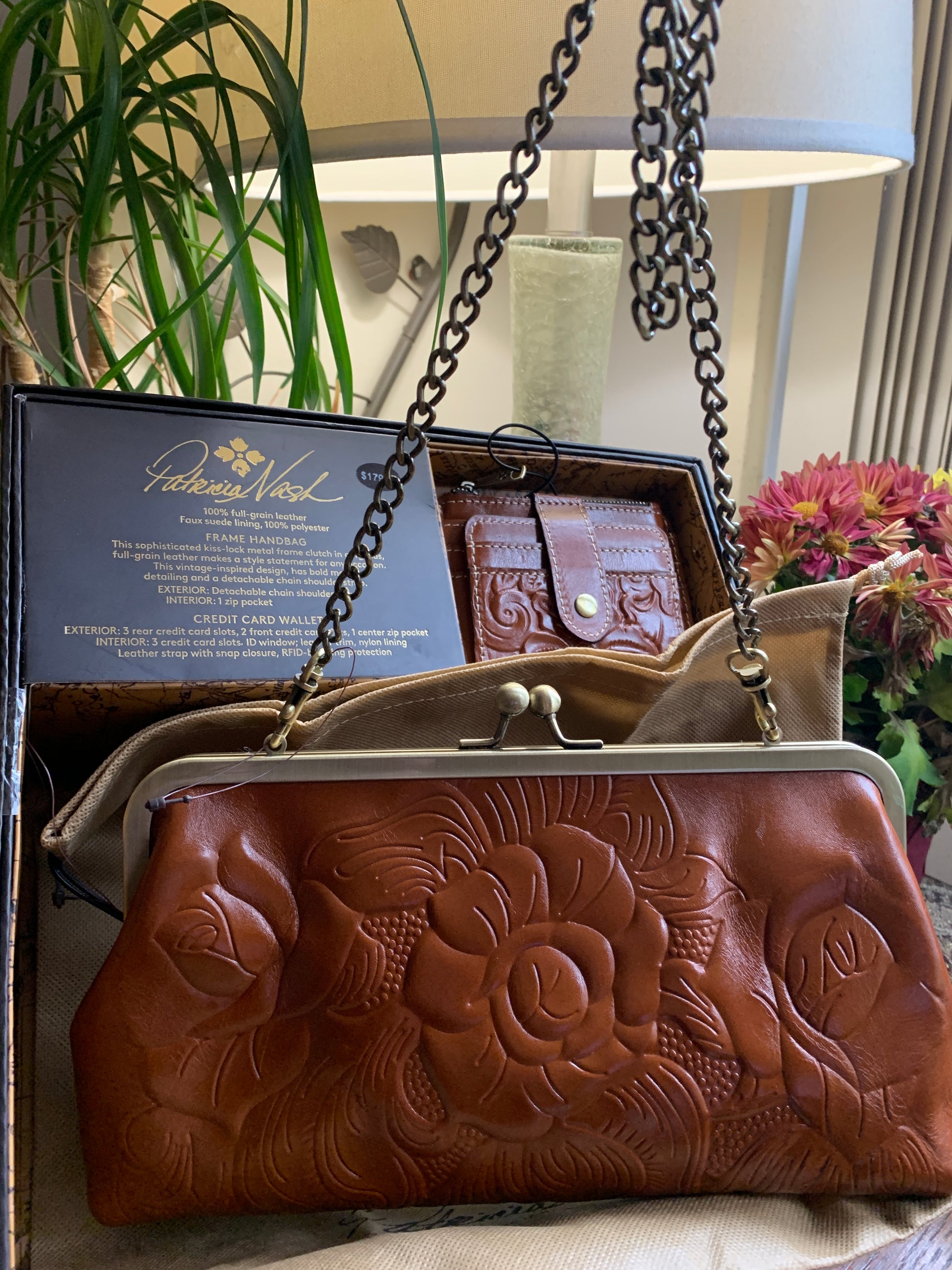 Authentic PATRICIA NASH FULL GRAIN LEATHER DEEP EMBOSSED GRAPE LEAF LOGO FRAME CROSBY/CLUTCH AND A SMALL WALLET SET Ruby Luxury