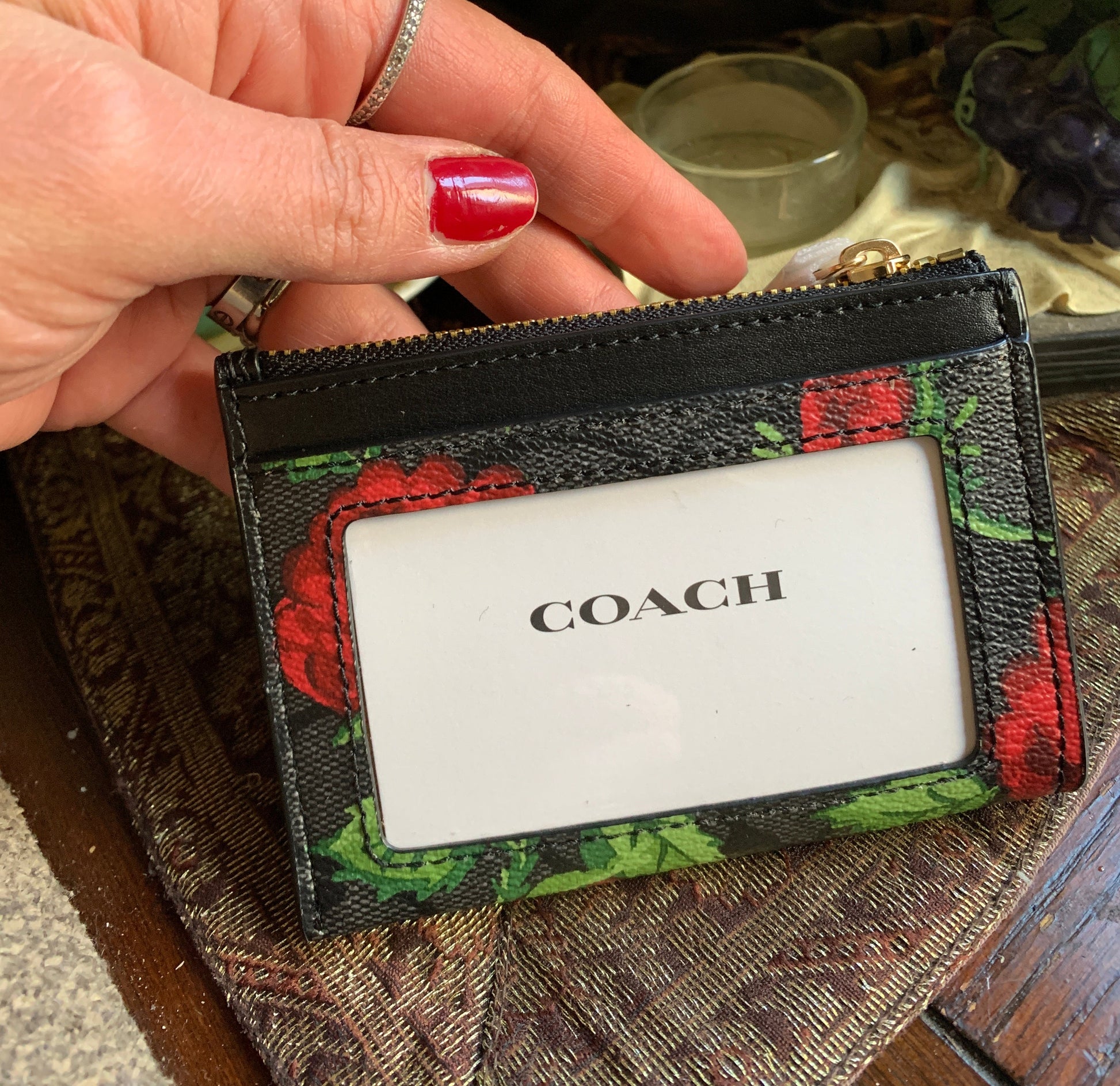 Authentic COACH Coated leather/smooth leather roses L.Edition zip top card holder/ID/Keychain Ruby Luxury