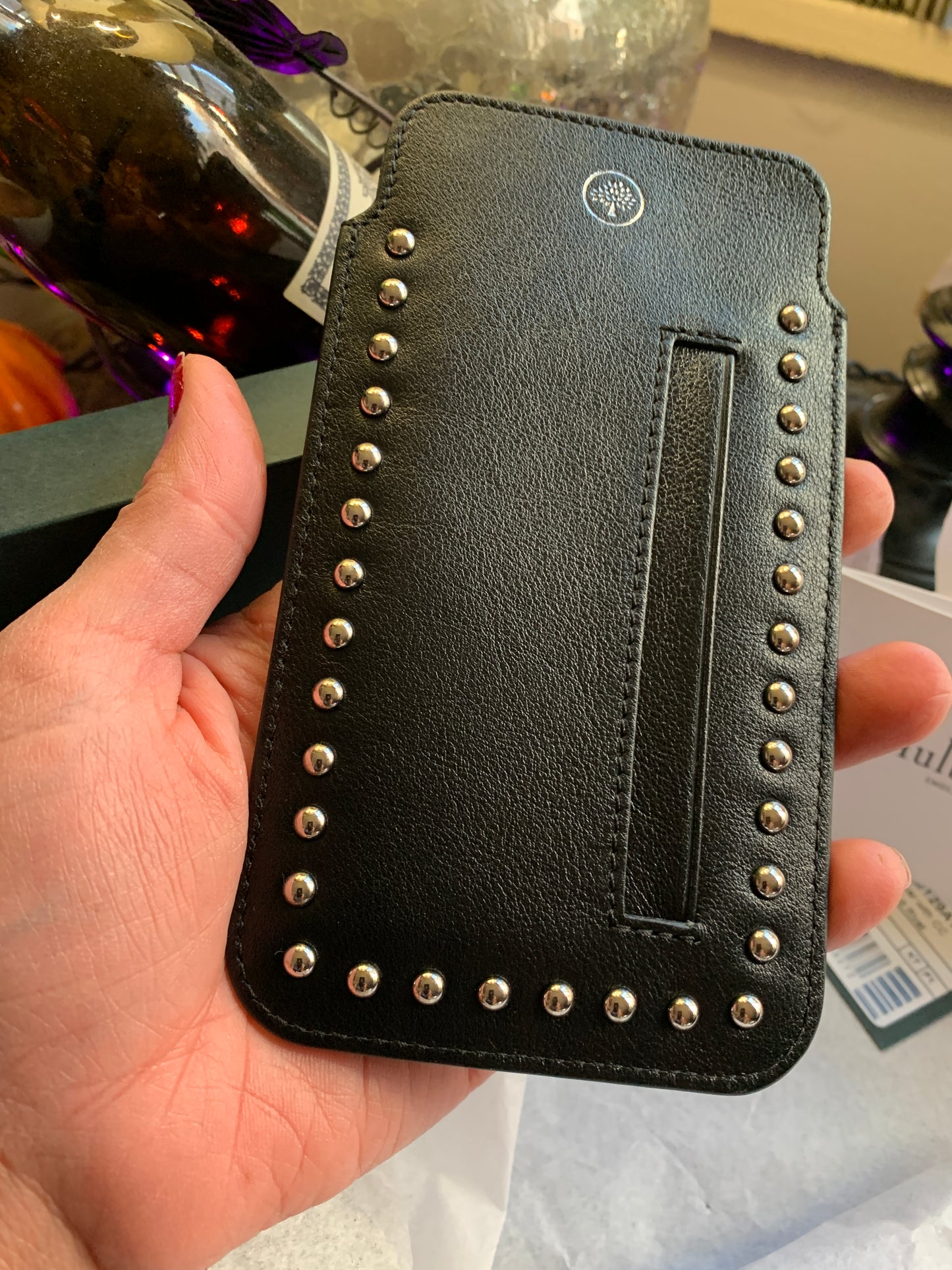 Authentic MULBERRY ENGLAND Calf leather/studs card/phone holder Ruby Luxury