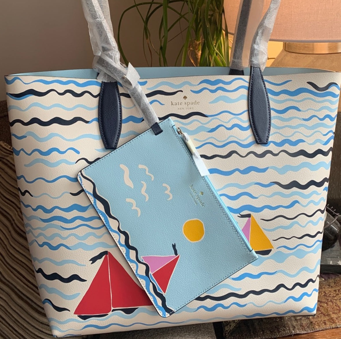 Authentic KATE SPADE Reversible Leather Sail boats print Tote with removable wristlet - Ruby Luxury