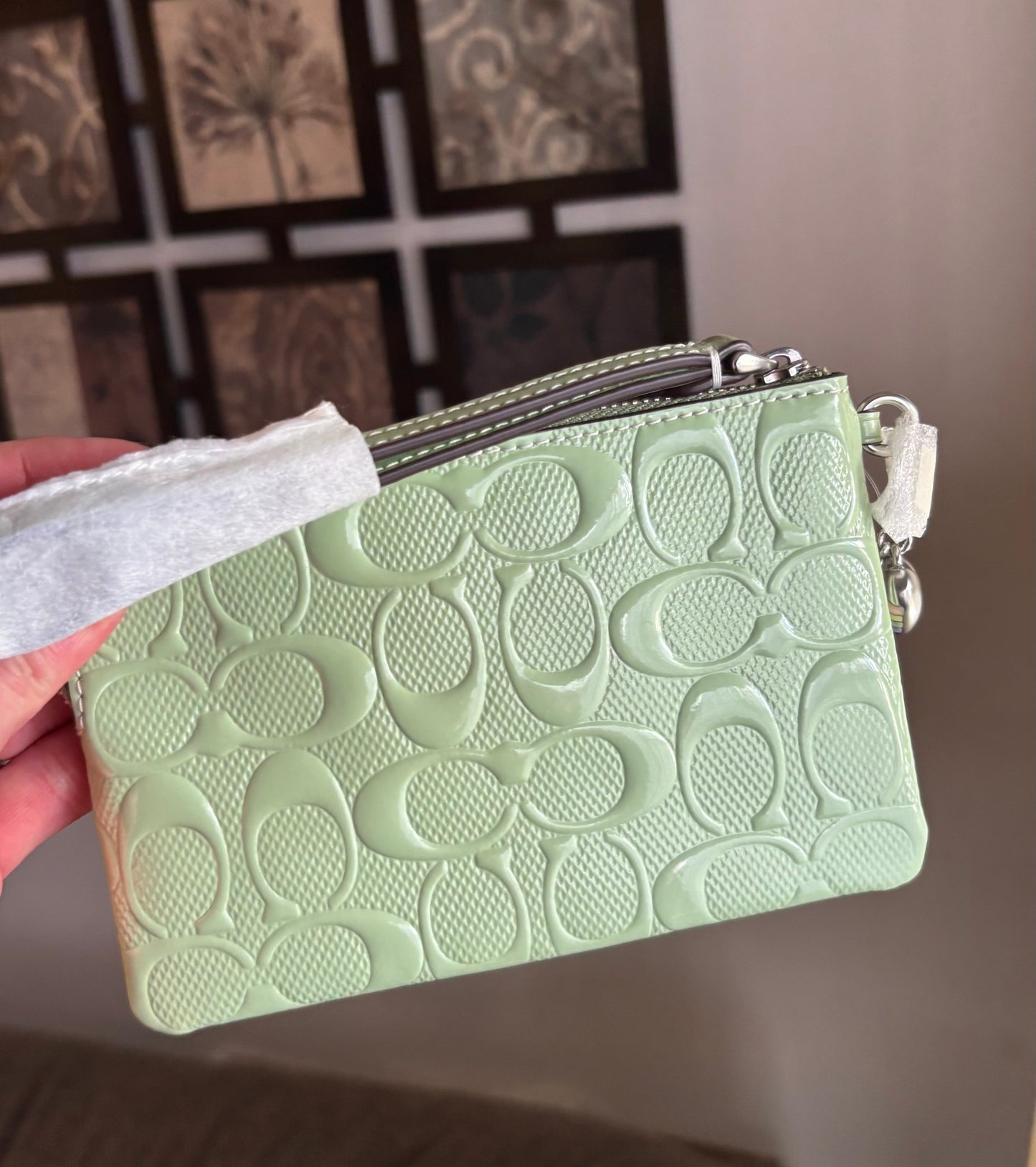 Authentic COACH patent signature leather zip top wristlet with a heart charm  New with tags - Ruby Luxury