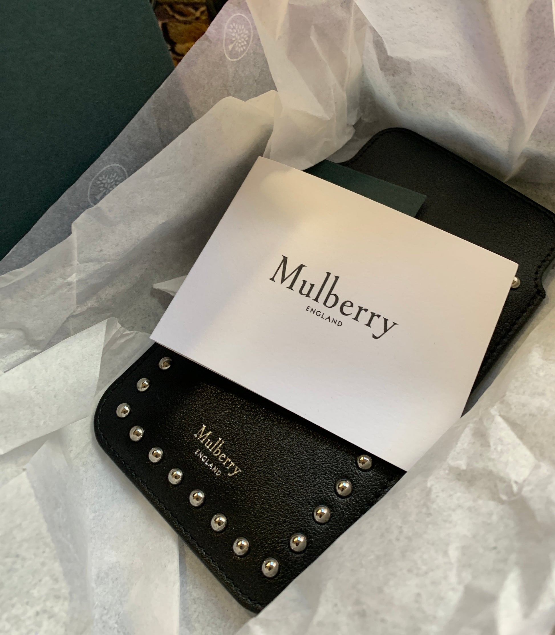 Authentic MULBERRY ENGLAND Calf leather/studs card/phone holder Ruby Luxury