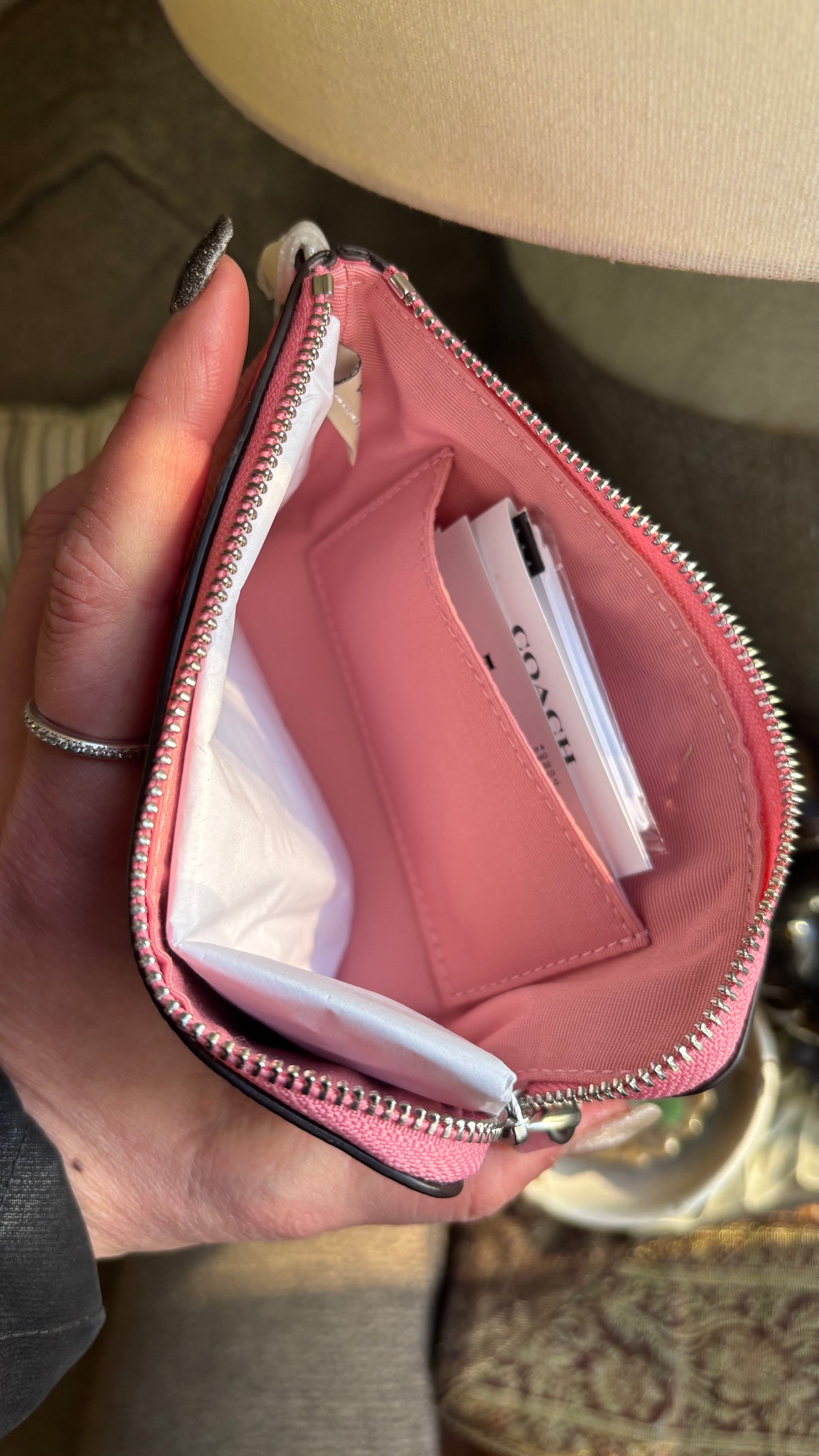 Authentic COACH patent signature leather zip top wristlet with a heart charm  New with tags - Ruby Luxury