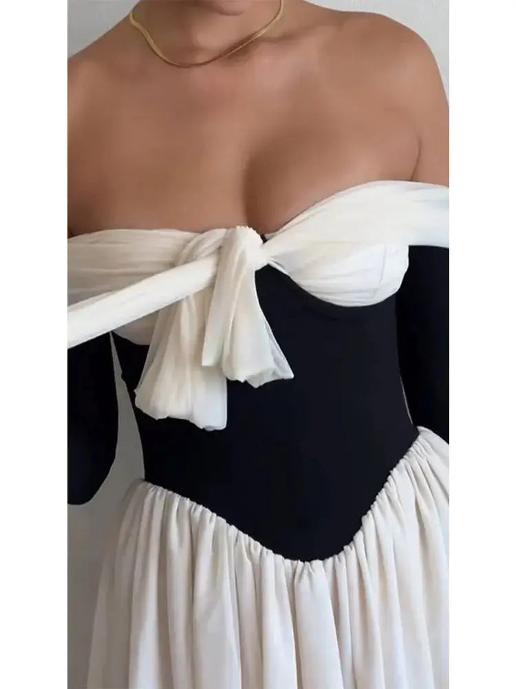 Fashion Patchwork Off Shoulder Mini Dress - Ruby Luxury