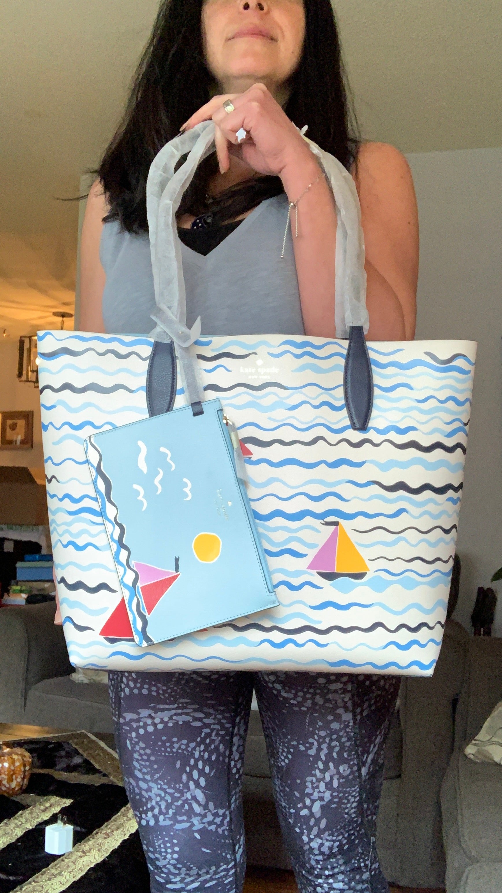 Authentic KATE SPADE Reversible Leather Sail boats print Tote with removable wristlet - Ruby Luxury