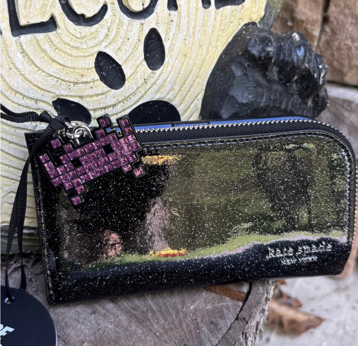 Authentic Kate Spade Black Glitter snap leather Wallet with space Charm Ruby Luxury