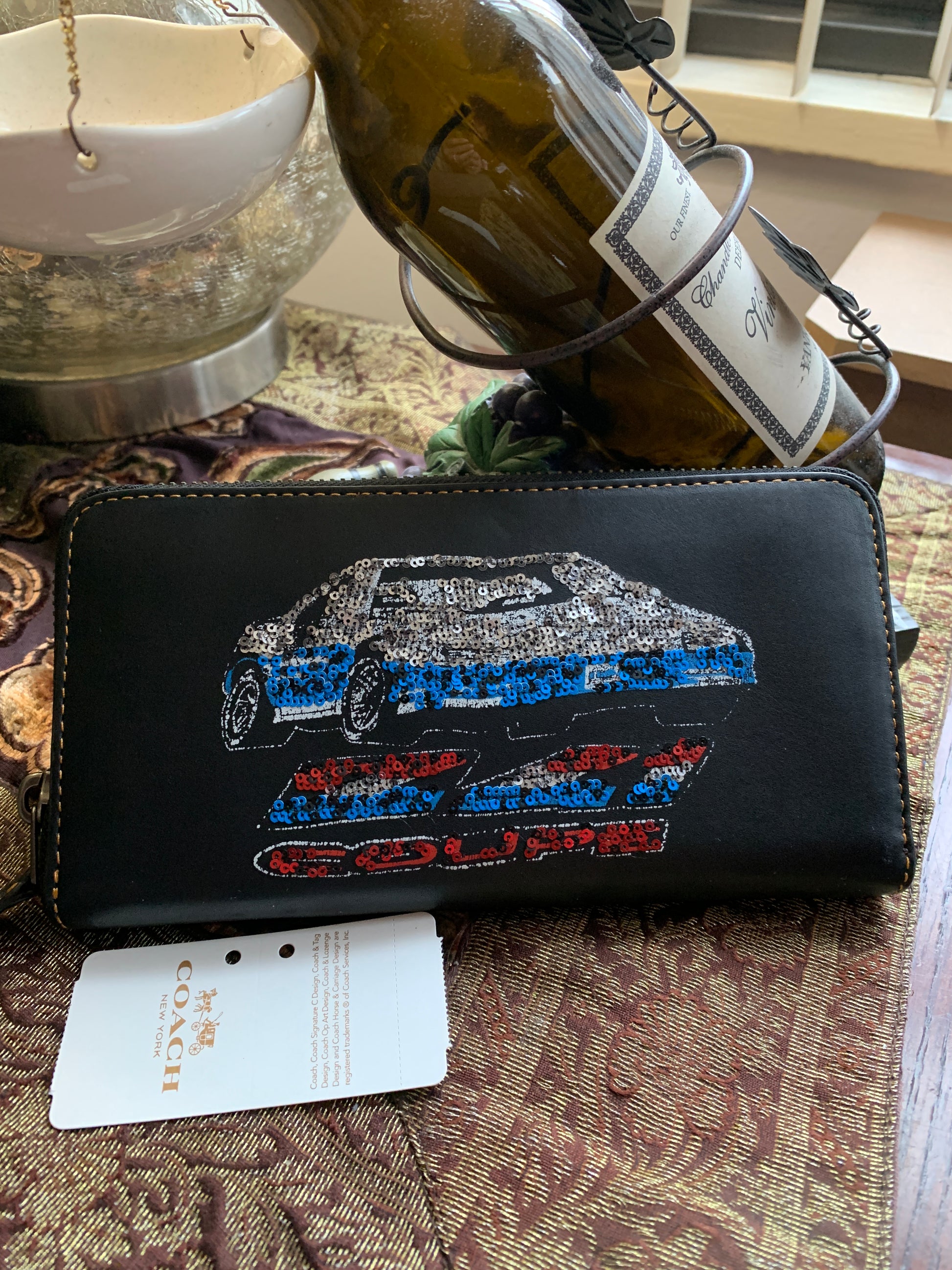 Authentic COACH 1941 leather sequins car accordion large zip wallet Ruby Luxury
