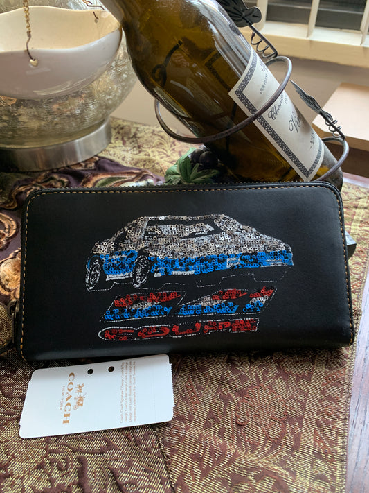 Authentic COACH 1941 leather sequins car accordion large zip wallet Ruby Luxury