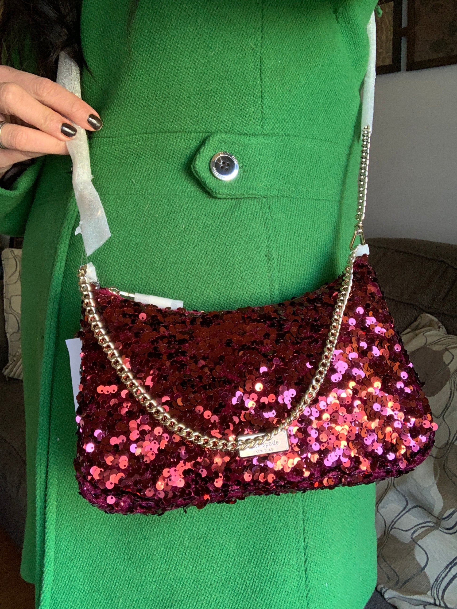 Authentic KATE SPADE Sequins top zip Clutch/shoulder/Crossbody Ruby Luxury