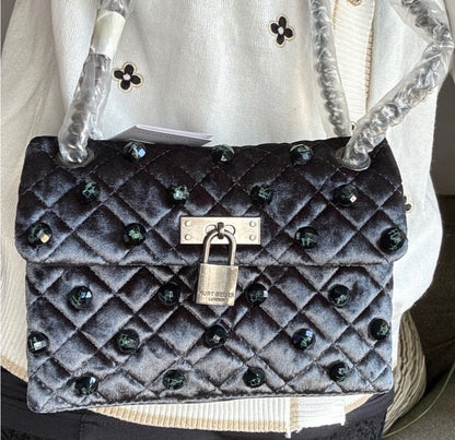 Authentic KURT GEIGER LONDON Velvet multi coloured crystals magnetic closure convertible Crosby/Shoulder bag Ruby Luxury