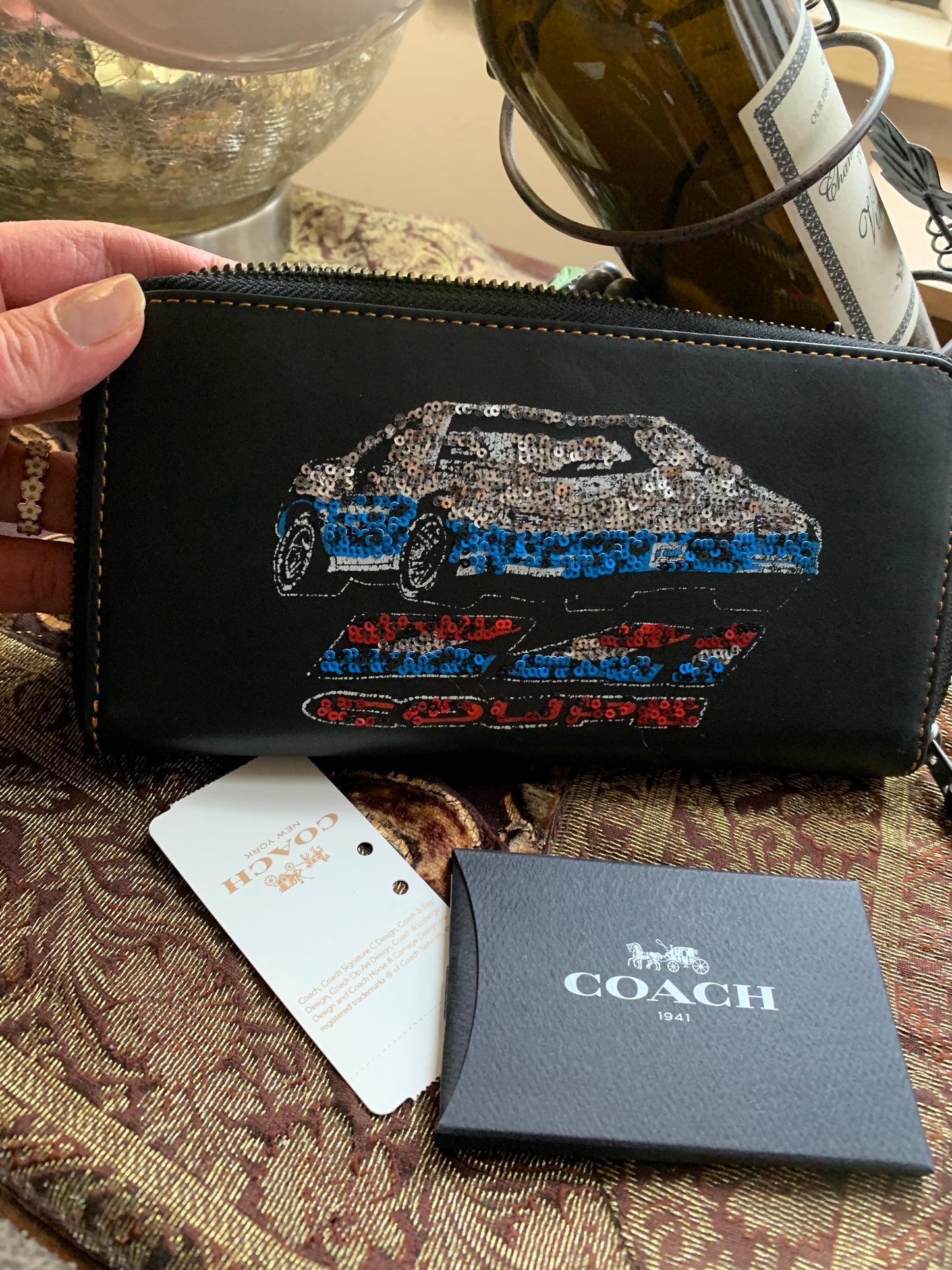 Authentic COACH 1941 leather sequins car accordion large zip wallet Ruby Luxury