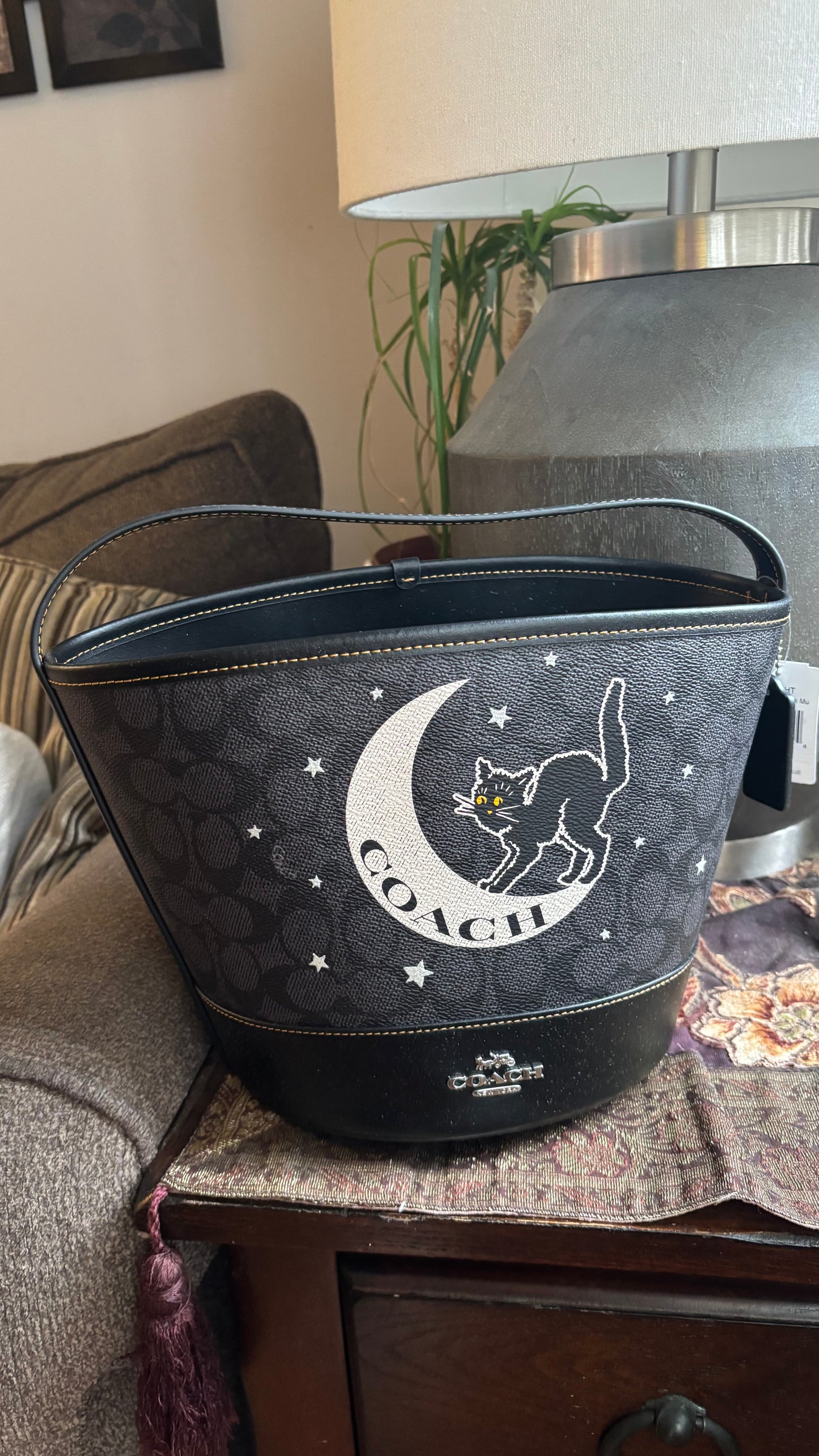 Authentic Coach Signature/Smooth leather w Celestial Cat Design bucket shoulder Ruby Luxury