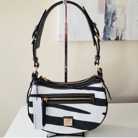 Authentic Dooney & Bourke leather Zebra Print zip top shoulder Bag Ruby Luxury