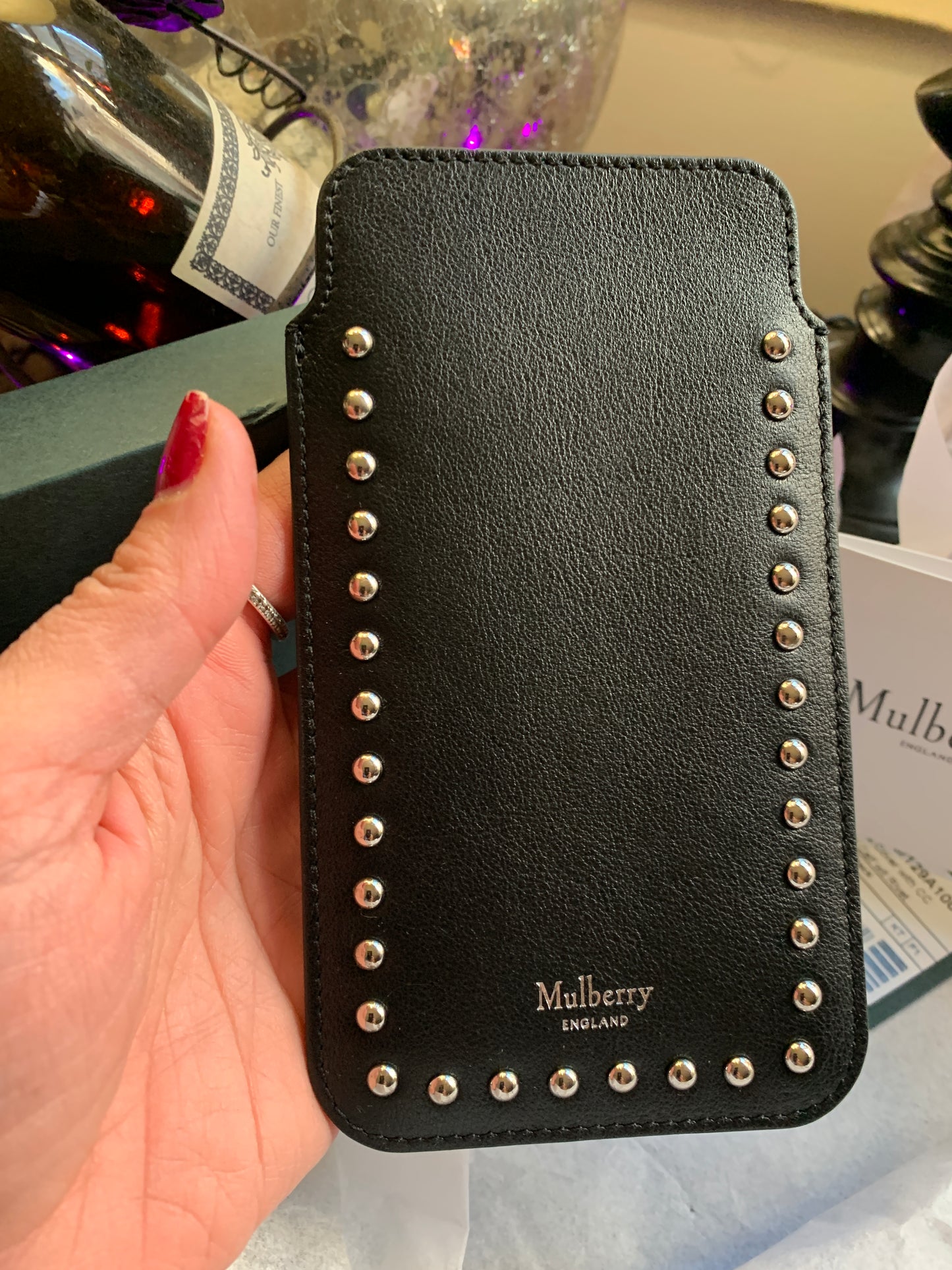 Authentic MULBERRY ENGLAND Calf leather/studs card/phone holder Ruby Luxury