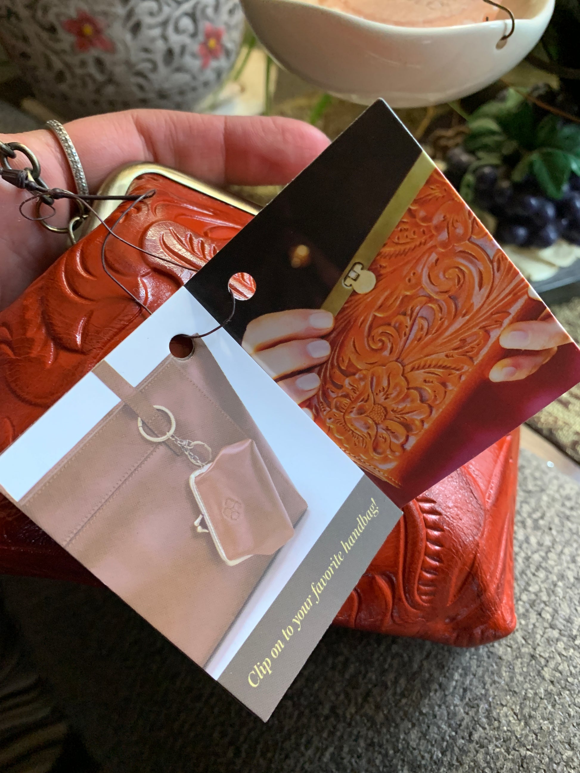 Authentic PATRICIA NASH FULL GRAIN LEATHER DEEP EMBOSSED GRAPE LEAF LOGO FRAME CROSBY/CLUTCH AND A SMALL WALLET SET Ruby Luxury