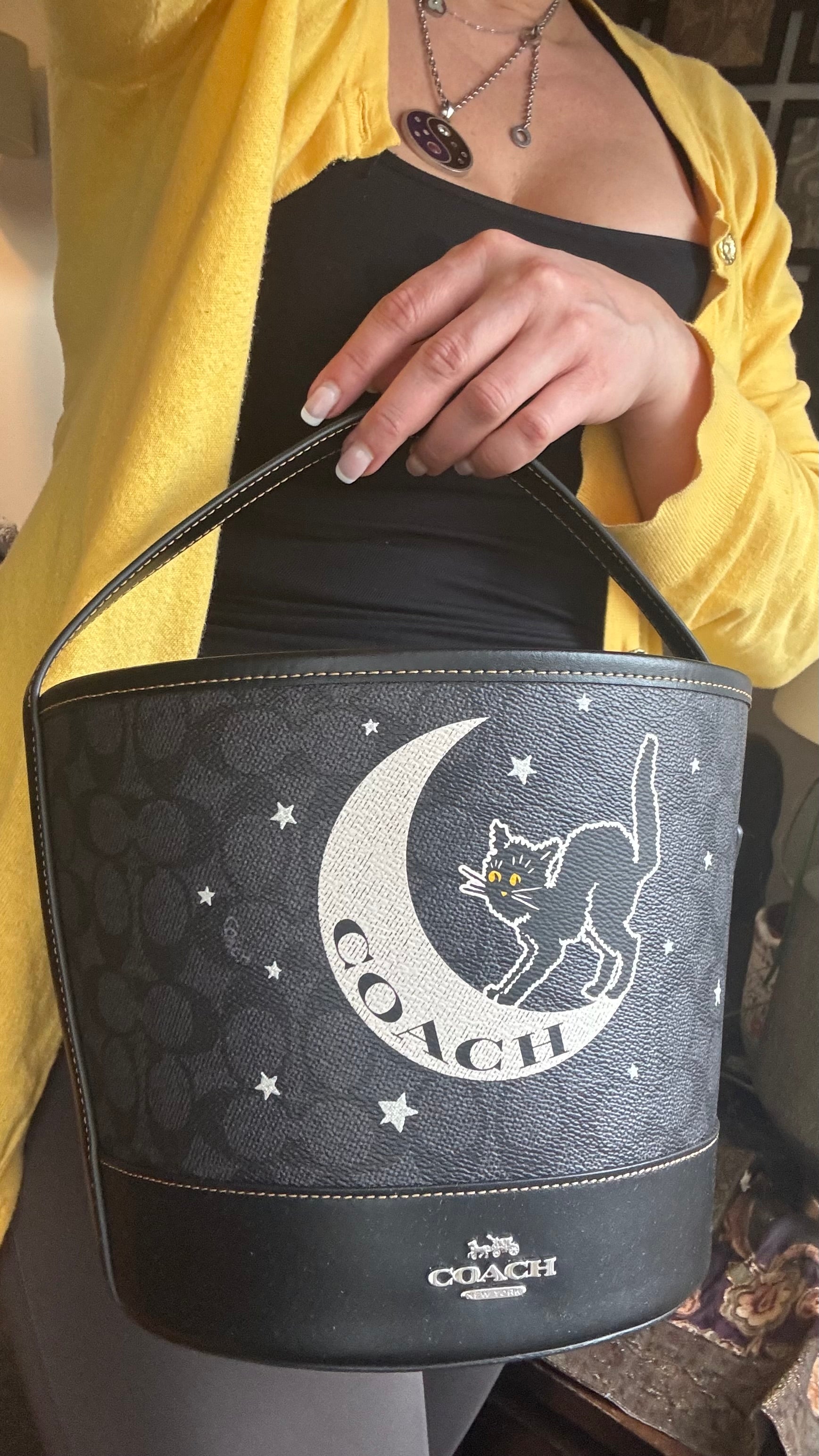 Authentic Coach Signature/Smooth leather w Celestial Cat Design bucket shoulder Ruby Luxury