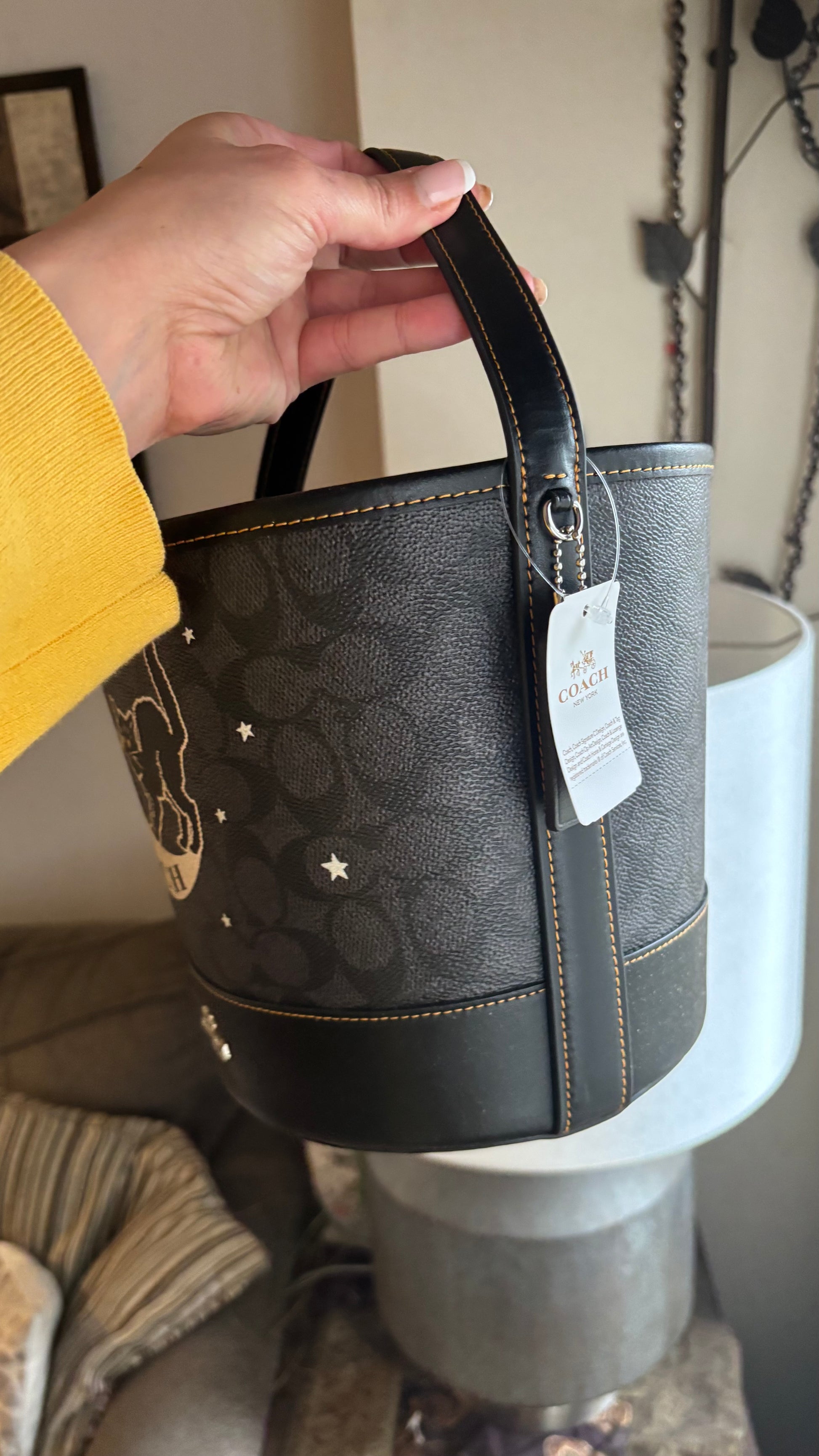 Authentic Coach Signature/Smooth leather w Celestial Cat Design bucket shoulder Ruby Luxury