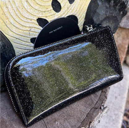 Authentic Kate Spade Black Glitter snap leather Wallet with space Charm Ruby Luxury