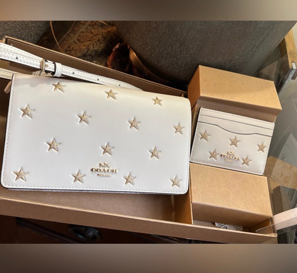 Authentic COACH crossbody Smooth glitter stars  flap crossbody with a card holder - Ruby Luxury