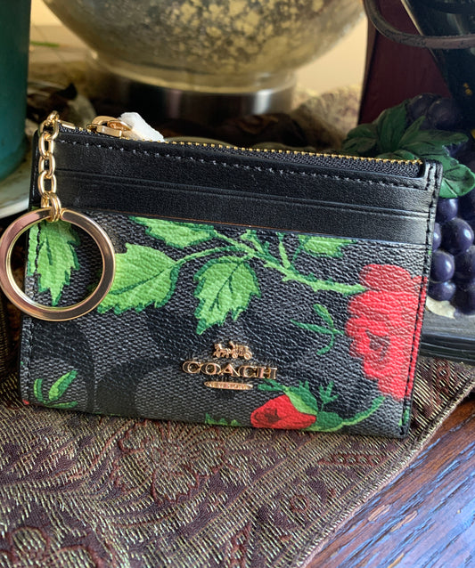 Authentic COACH Coated leather/smooth leather roses L.Edition zip top card holder/ID/Keychain Ruby Luxury