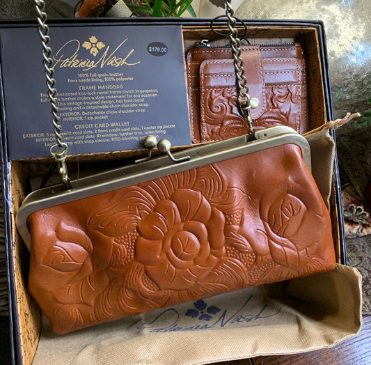 Authentic PATRICIA NASH FULL GRAIN LEATHER DEEP EMBOSSED GRAPE LEAF LOGO FRAME CROSBY/CLUTCH AND A SMALL WALLET SET Ruby Luxury