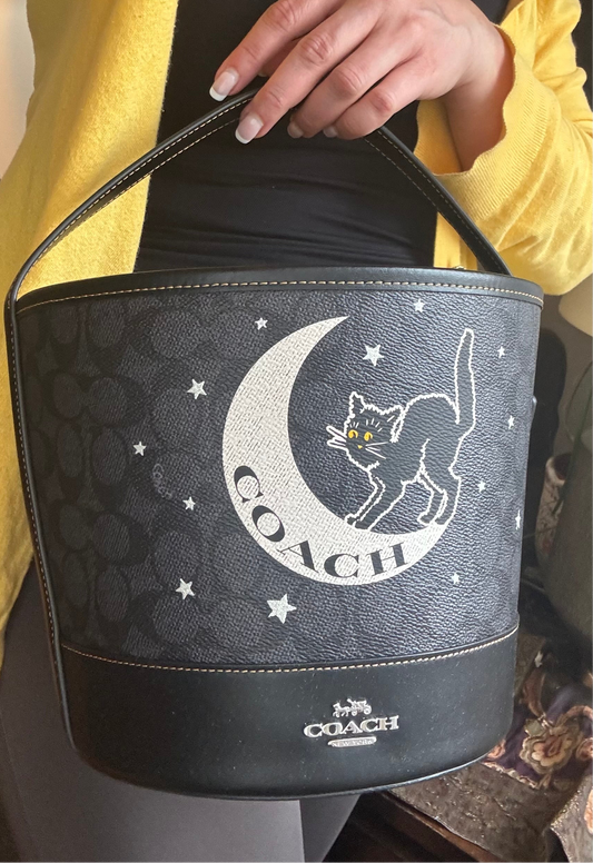 Authentic Coach Signature/Smooth leather w Celestial Cat Design bucket shoulder Ruby Luxury
