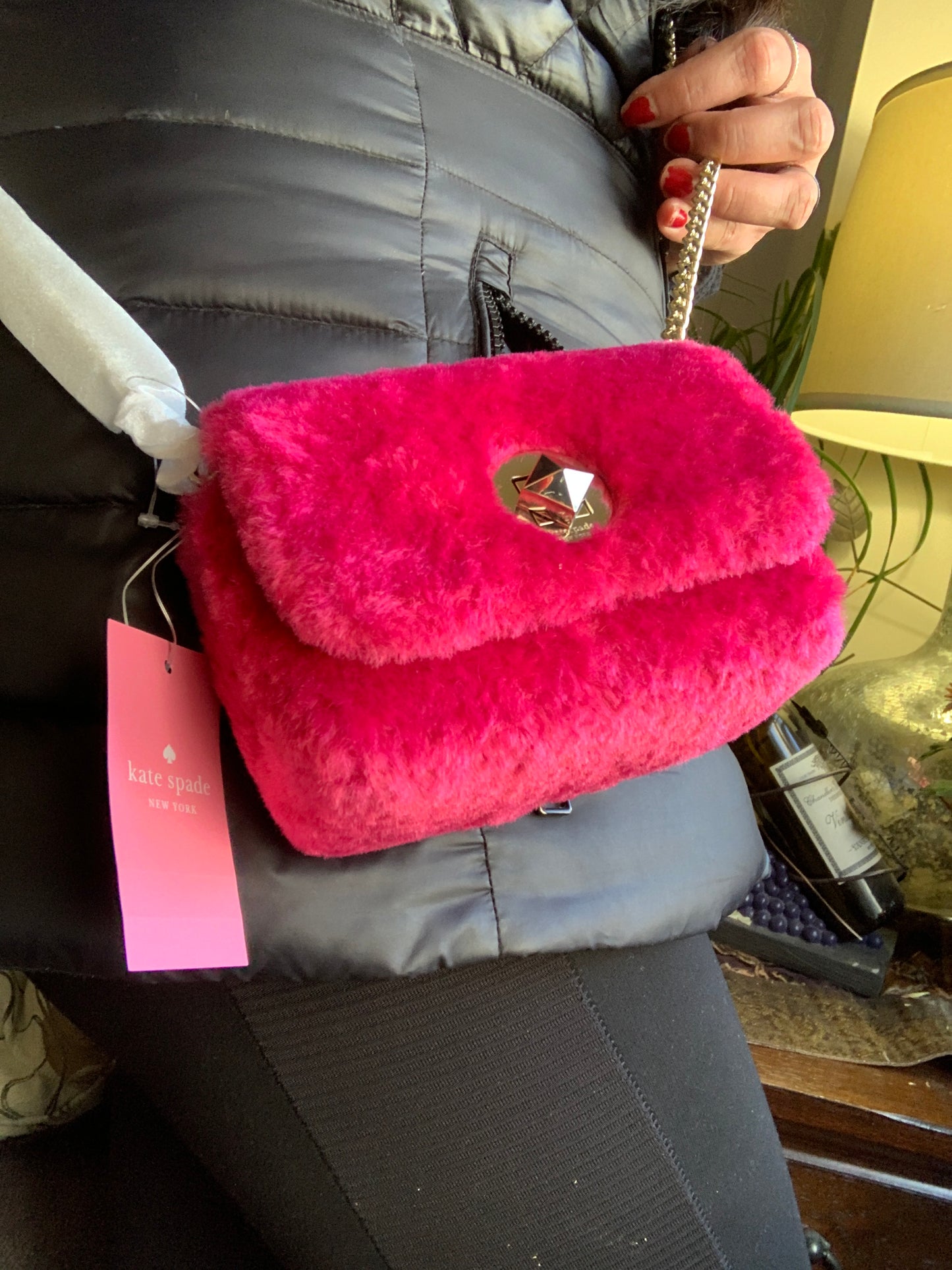 Authentic KATE SPADE FAUX FUR TURNLOCK Small CLUTCH/Crossbody Ruby Luxury