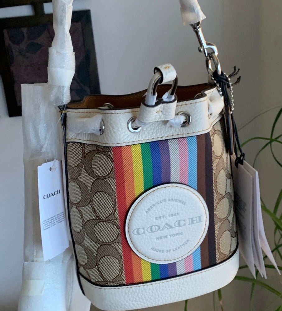 Authentic COACH Signature jacquard/refined leather rainbow logo drawstrings crossbody /satchel Ruby Luxury