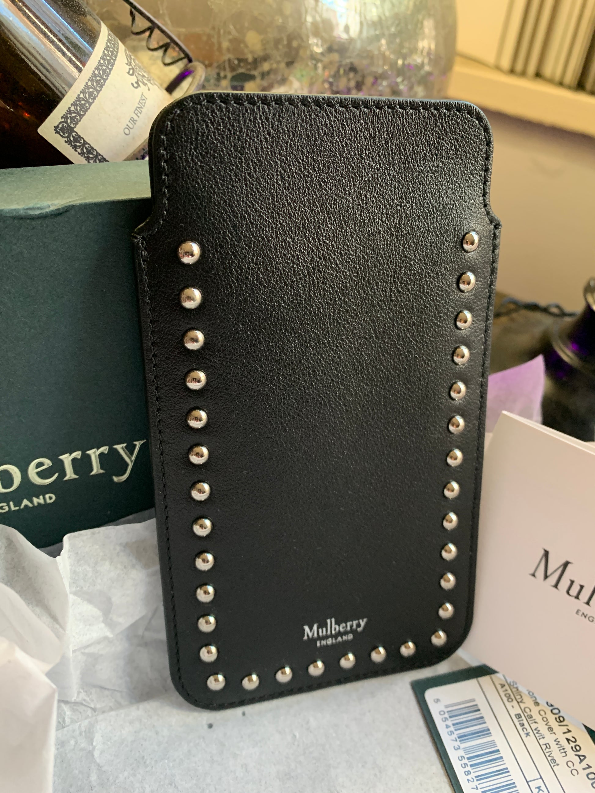 Authentic MULBERRY ENGLAND Calf leather/studs card/phone holder Ruby Luxury