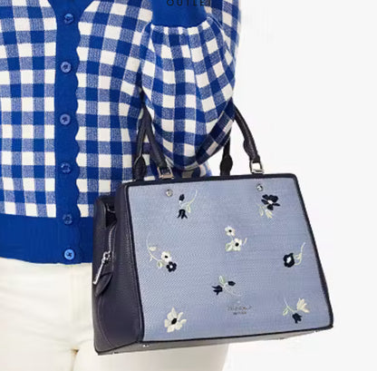 Authentic KATE SPADE floral Thick Canvas/pebbled leather 3 compartments zip snap closure Satchel/Crossbody. Ruby Luxury