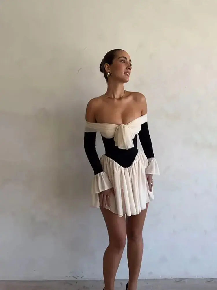 Fashion Patchwork Off Shoulder Mini Dress - Ruby Luxury