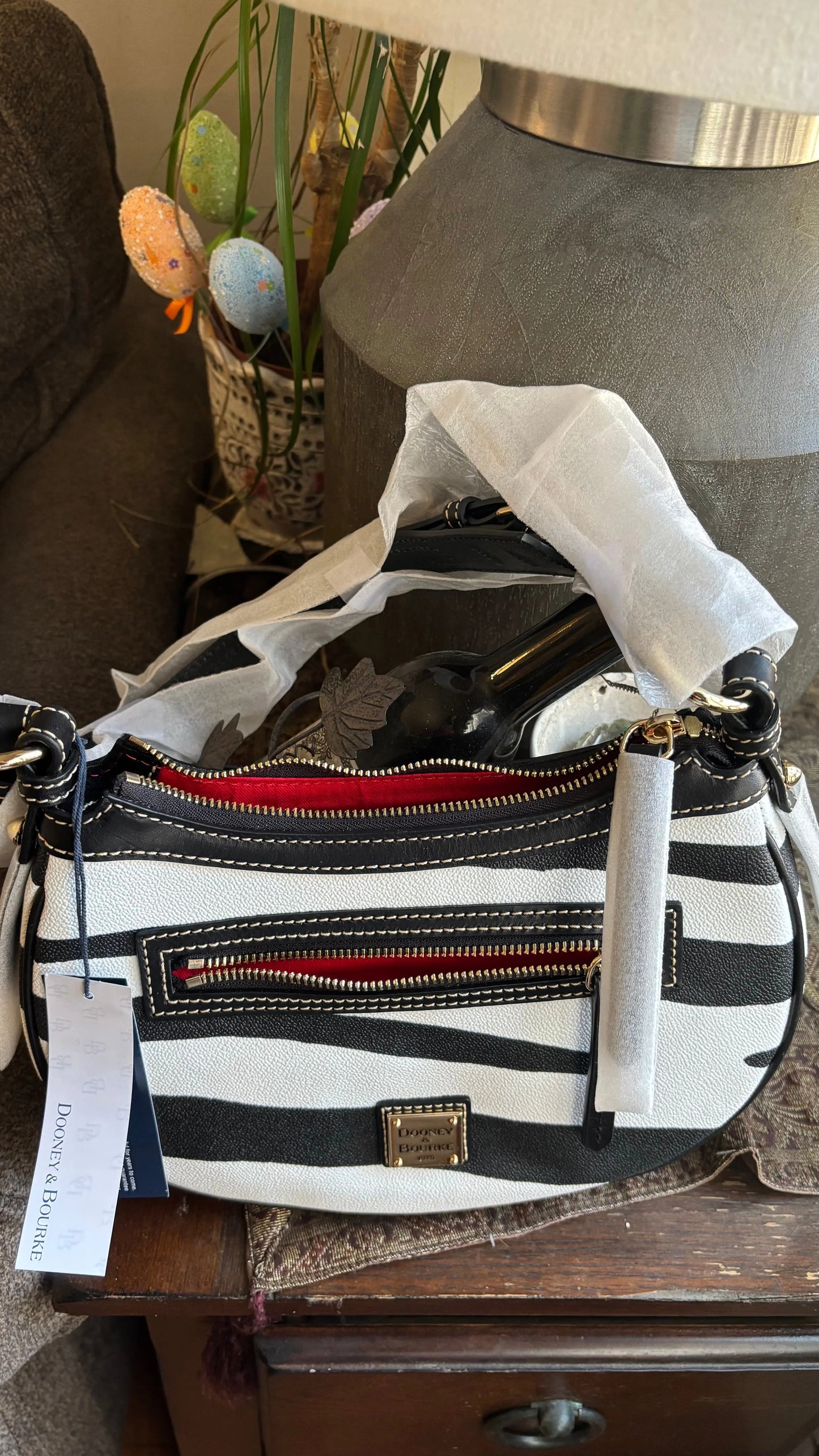 Authentic Dooney & Bourke leather Zebra Print zip top shoulder Bag Ruby Luxury