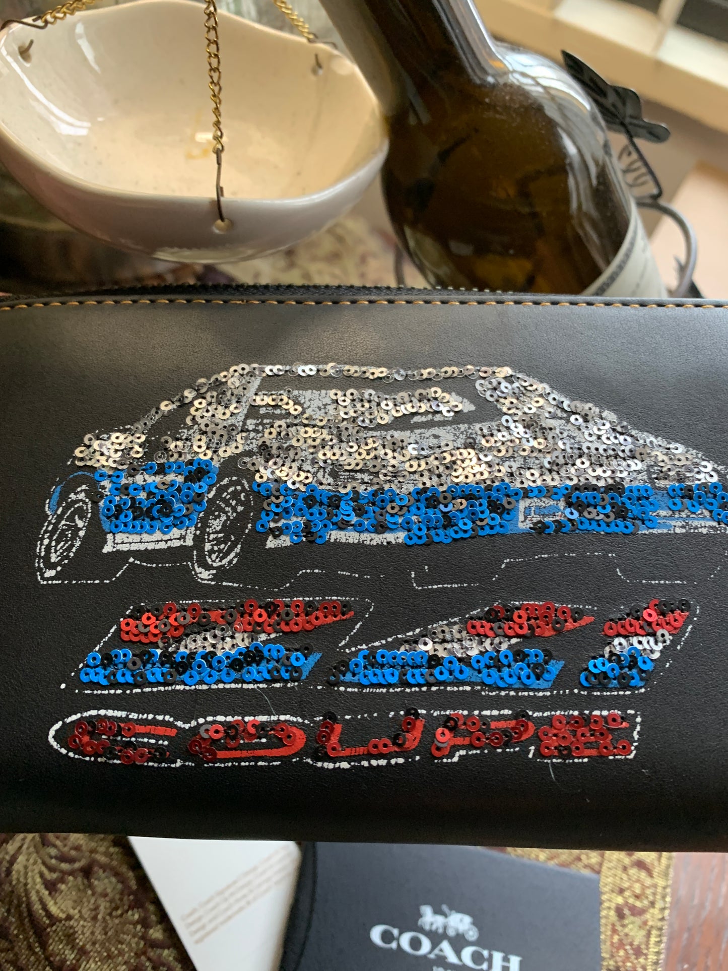 Authentic COACH 1941 leather sequins car accordion large zip wallet Ruby Luxury