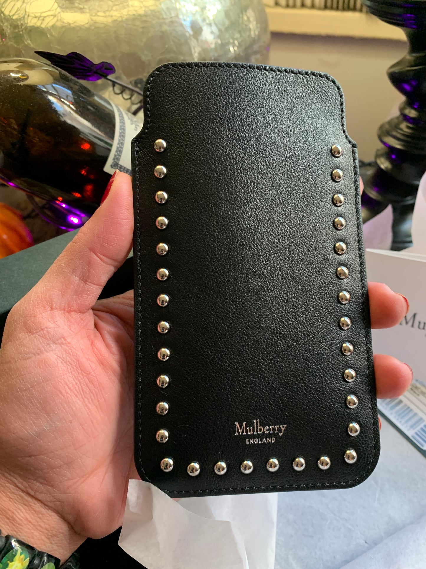 Authentic MULBERRY ENGLAND Calf leather/studs card/phone holder Ruby Luxury