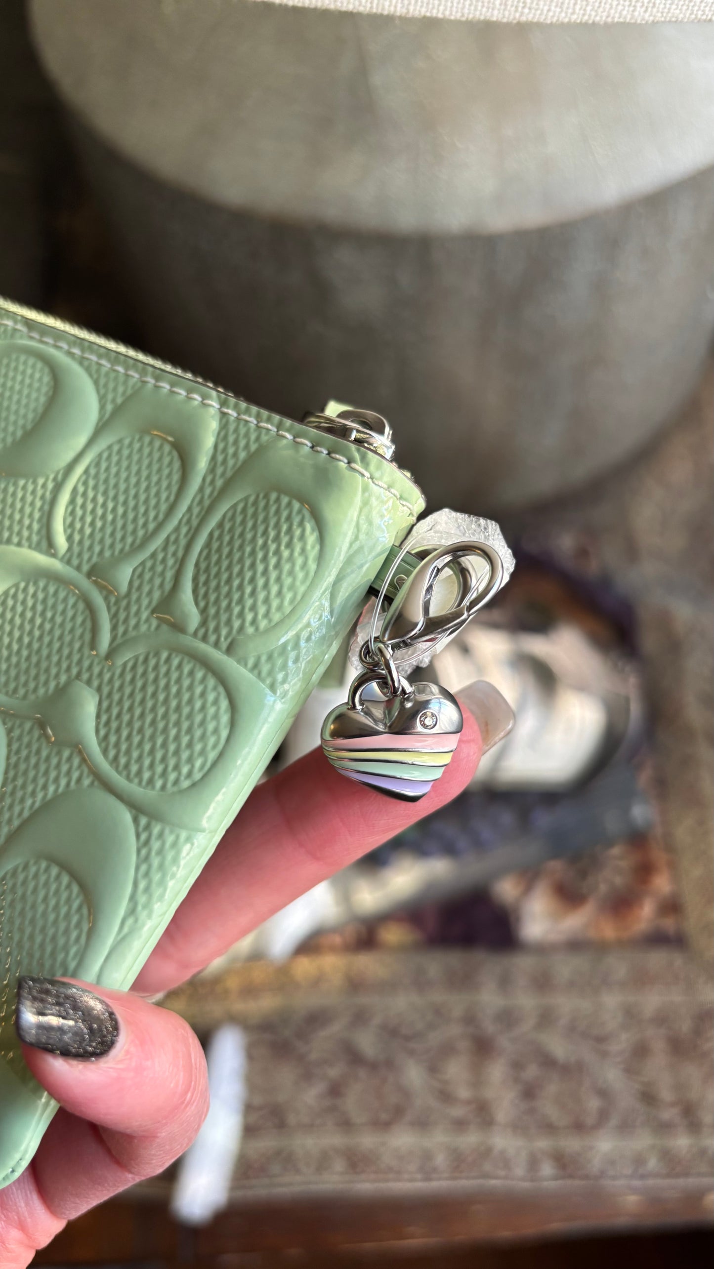Authentic COACH patent signature leather zip top wristlet with a heart charm  New with tags - Ruby Luxury