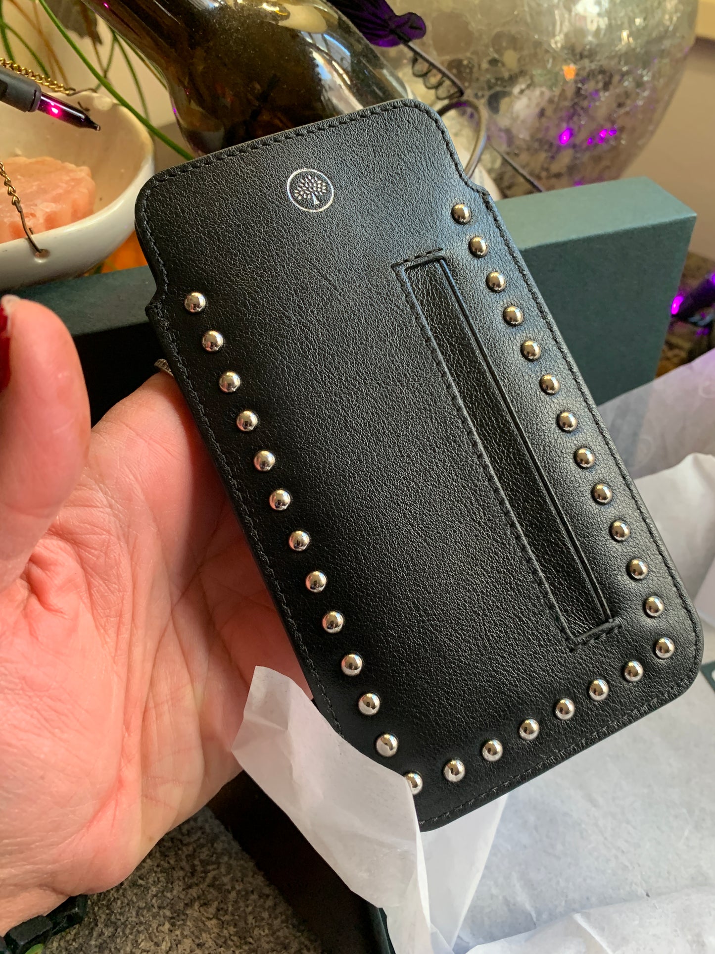 Authentic MULBERRY ENGLAND Calf leather/studs card/phone holder Ruby Luxury