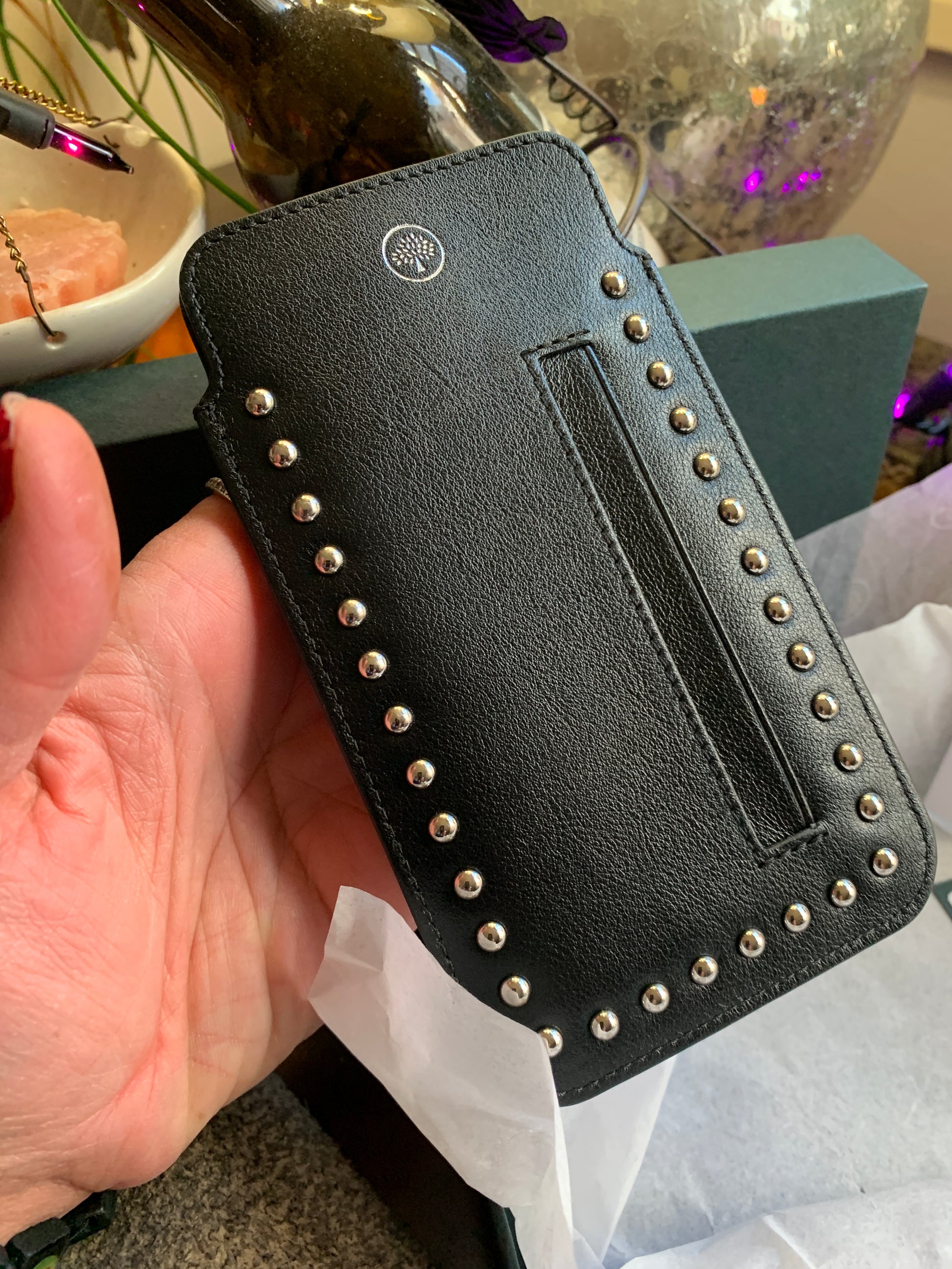 Authentic MULBERRY ENGLAND Calf leather/studs card/phone holder Ruby Luxury