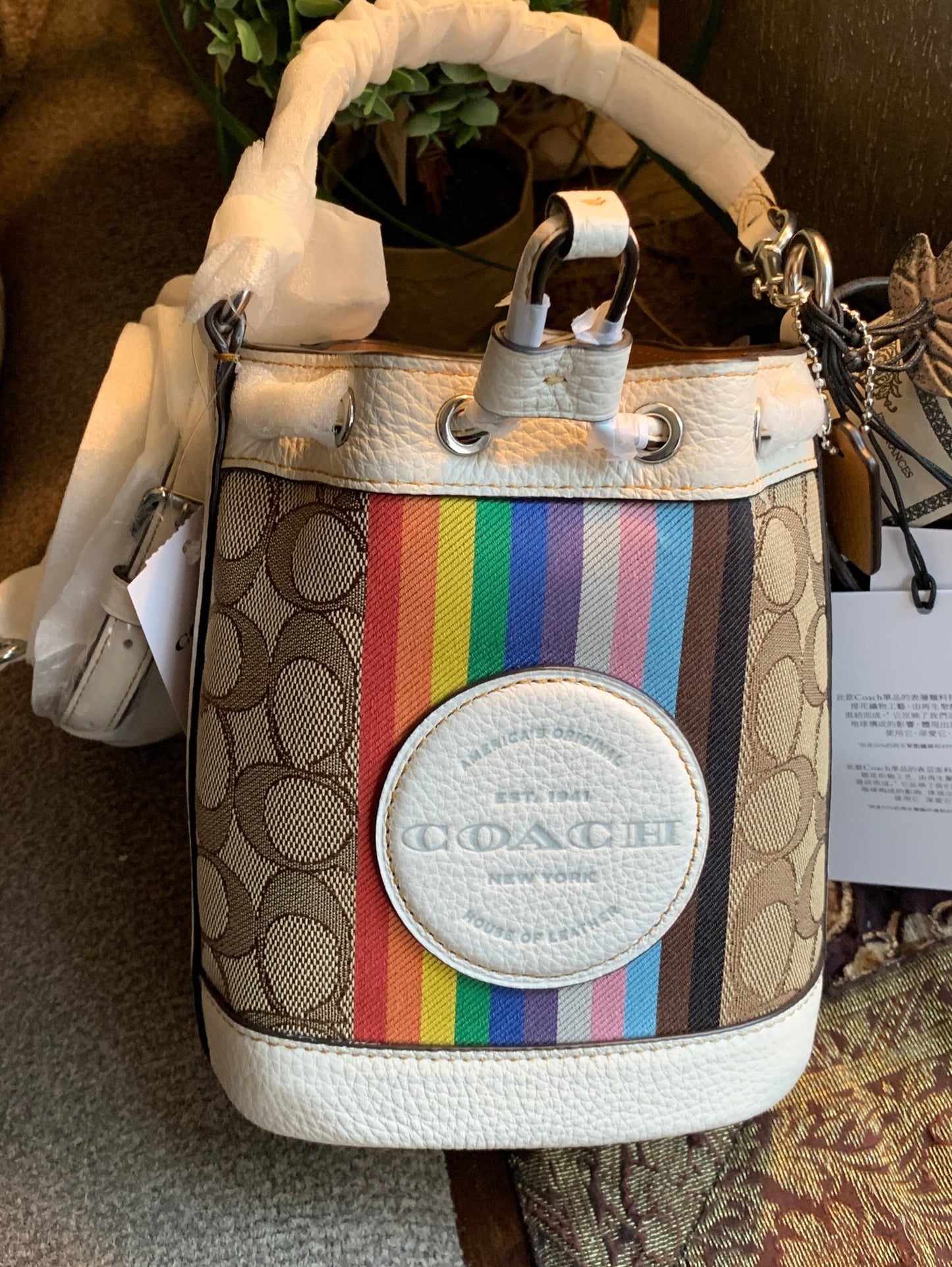 Authentic COACH Signature jacquard/refined leather rainbow logo drawstrings crossbody /satchel Ruby Luxury