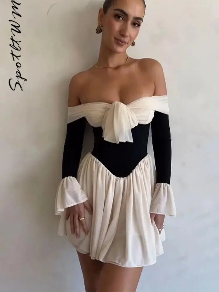 Fashion Patchwork Off Shoulder Mini Dress - Ruby Luxury