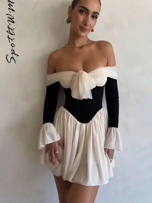 Fashion Patchwork Off Shoulder Mini Dress - Ruby Luxury