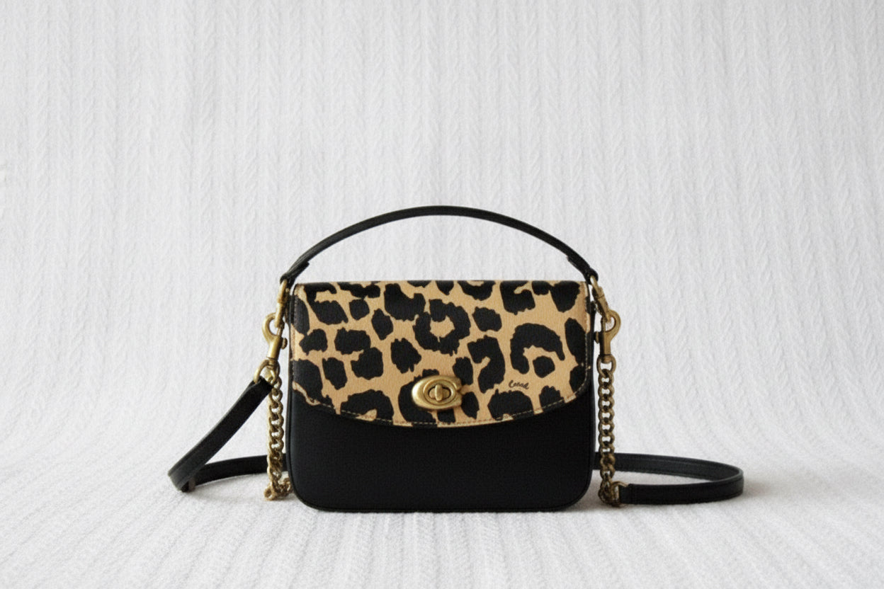 Authentic COACH 1941 calf leather leopard 3 straps turnlock flap Crosby/shoulder/satchel Ruby Luxury