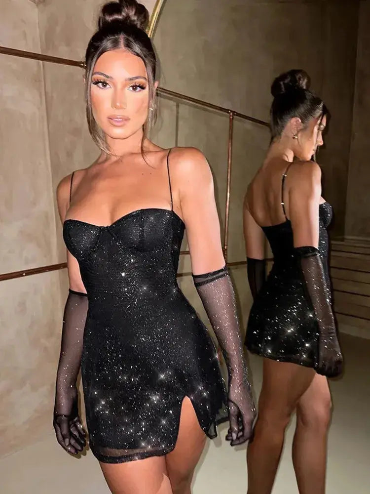Glitter Off-Shoulder Mini Dress - Ruby Luxury
