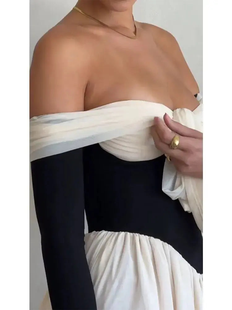 Fashion Patchwork Off Shoulder Mini Dress - Ruby Luxury